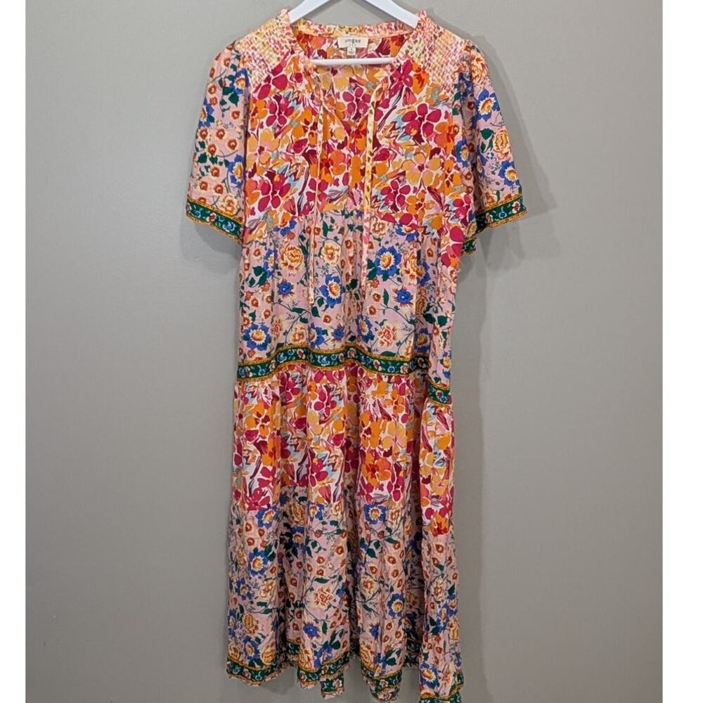 Umgee Mixed Floral Tiered Midi Dress Flowy Breezy Bohemian Bold Color - Size S